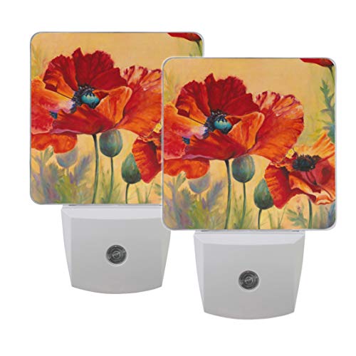 Book Cover Naanle Set of 2 Red Poppy Flower Floral On Orange Background Auto Sensor LED Dusk to Dawn Night Light Plug in Indoor for Adults