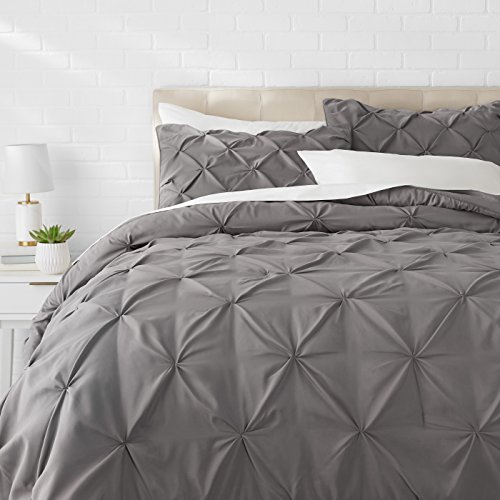 AmazonBasics Pinch Pleat Comforter Bedding Set, King, Dark Grey