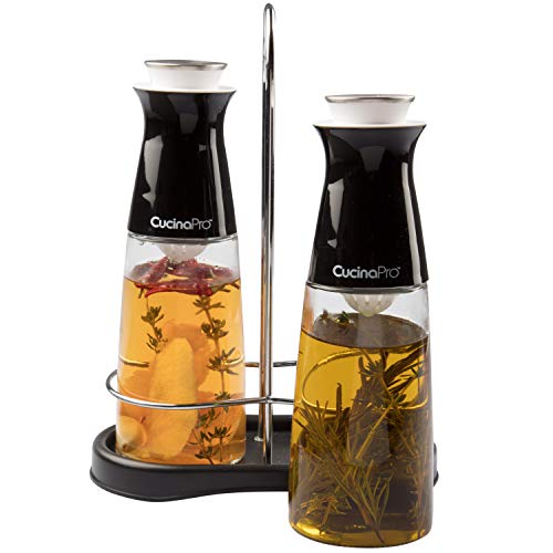 Olive Oil and Vinegar Infuser Bottle Dispenser Set of 2- Glass Dual Cruet Set (10 oz) w Built In Filter for Infusion and Clean Pouring- Storage Rack and Olive Oil/Vinegar Recipes Included