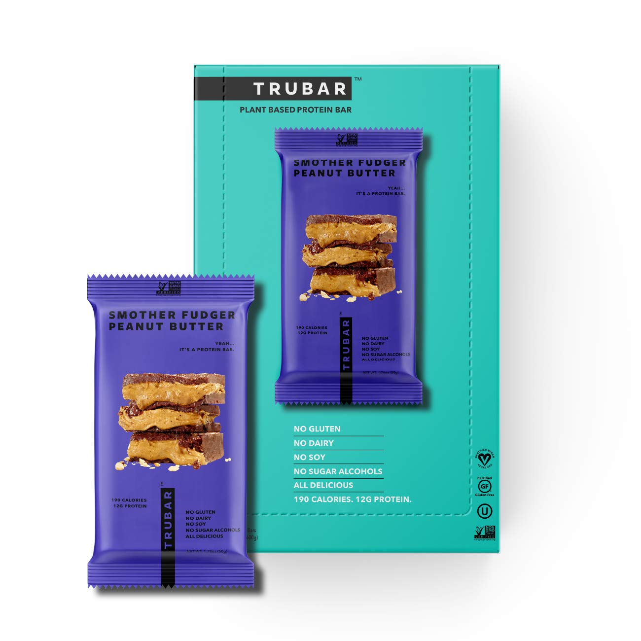 TRUBAR Vegan Protein Bar, Smother Fudger Peanut Butter, Gluten Free, Plant Based Protein, Dairy Free, Non GMO, Soy Free, No Sugar Alcohols, 12G Protein, 13G Fiber, Healthy on the Go Snack Bars, 12 CT