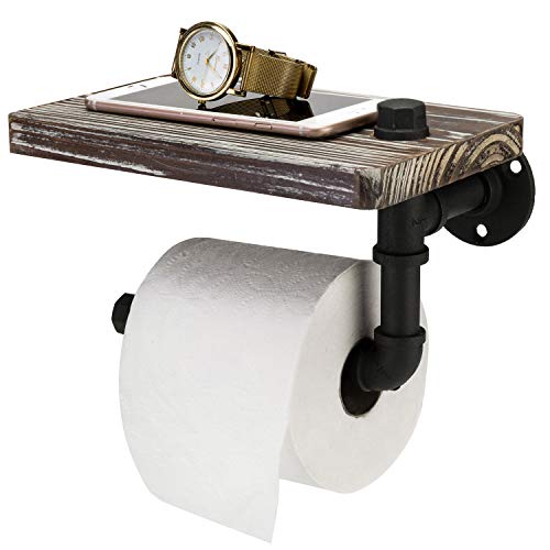 MyGift Wall Mounted Industrial Pipe Single Roll Toilet Paper Holder and Rustic Solid Torched Wood Display Shelf