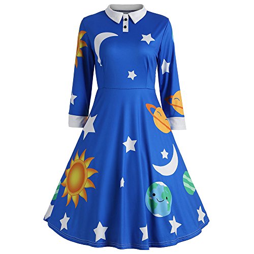 CHARMMA Women's Vintage Peter Pan Collar Planet Print A Line Flare Party Dress (Blue, L)