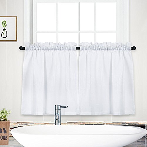 NANAN Tier Curtains,Waffle Weave Textured Short Curtain for Bathroom Waterproof Window Covering Kitchen Cafe Curtains - 30" x 24", White, Set of 2