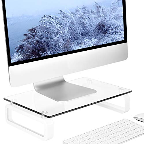 Book Cover Clear Computer Monitor Stand Riser Multi Media Desktop Stand for Flat Screen LCD LED TV, Laptop/Notebook/Xbox One, with Tempered Glass and Metal Legs, HD02T-001