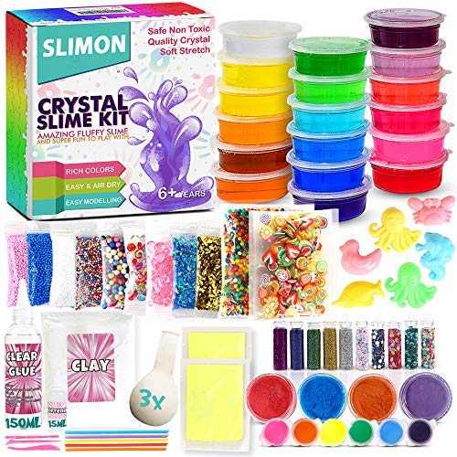 DIY Slime Kit for Girls Boys - Ultimate Glow in the Dark Glitter Slime Making Kit-18 Slime Containers, Foam Balls, Water Beads,Clear Glue,White Clay,Glitters,Mica,Tools