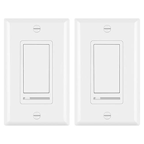 [2 Pack] BESTTEN Decorative Rocker Light Dimmer Switch with Horizontal Slider & Side Adjuster for Incandescent or Halogen Bulbs, CFL and LED Dimmable Lamps, Decor Wall Plate Included, UL Listed, White