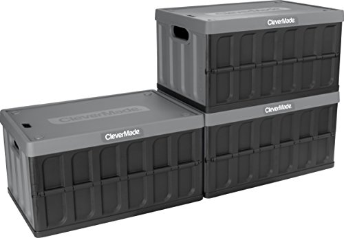 Book Cover CleverMade 46L Collapsible Storage Bins with Lids - Folding Plastic Stackable Utility Crates, Solid Wall CleverCrates, 3 Pack, Charcoal
