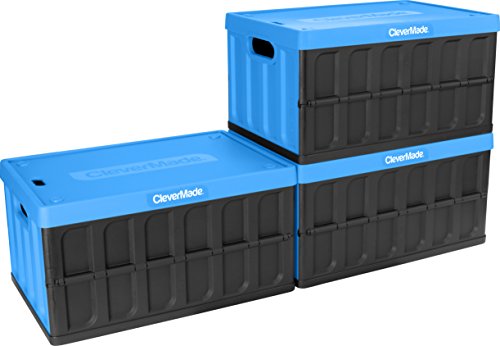 Book Cover CleverMade 46L Collapsible Storage Bins with Lids - Folding Plastic Stackable Utility Crates, Solid Wall CleverCrates, 3 Pack, Neptune Blue