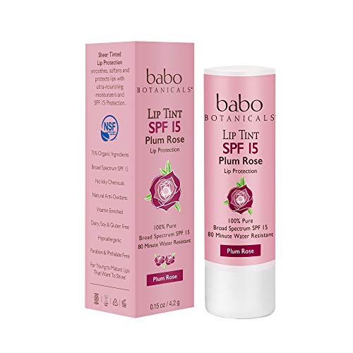 Book Cover Babo Botanicals 70+% Organic Tinted Mineral Lip Conditioner SPF 15, Water-Resistant Lip Balm, Plum Rose - 0.15 oz.