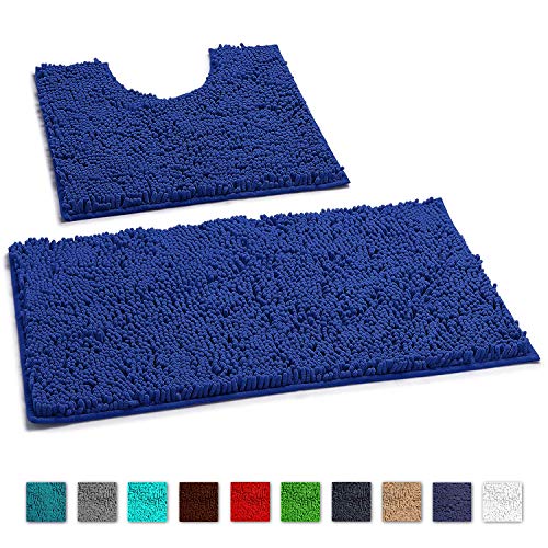 LuxUrux Bathroom Rugs Luxury Chenille 2-Piece Bath Mat Set, Soft Plush Anti-Slip Shower Rug +Toilet Mat.1'' Microfiber Shaggy Carpet, Super Absorbent Machine Washable Bath Mats (Curved Set, Blue)