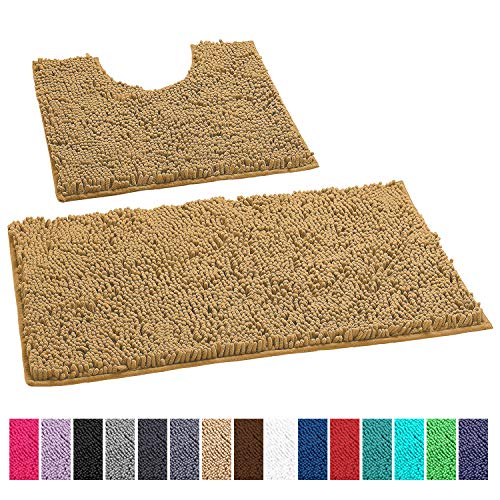 LuxUrux Bathroom Rugs Luxury Chenille 2-Piece Bath Mat Set, Soft Plush Anti-Slip Shower Rug +Toilet Mat.1'' Microfiber Shaggy Carpet, Super Absorbent Machine Washable Bath Mats (Curved Set, Marzipan)