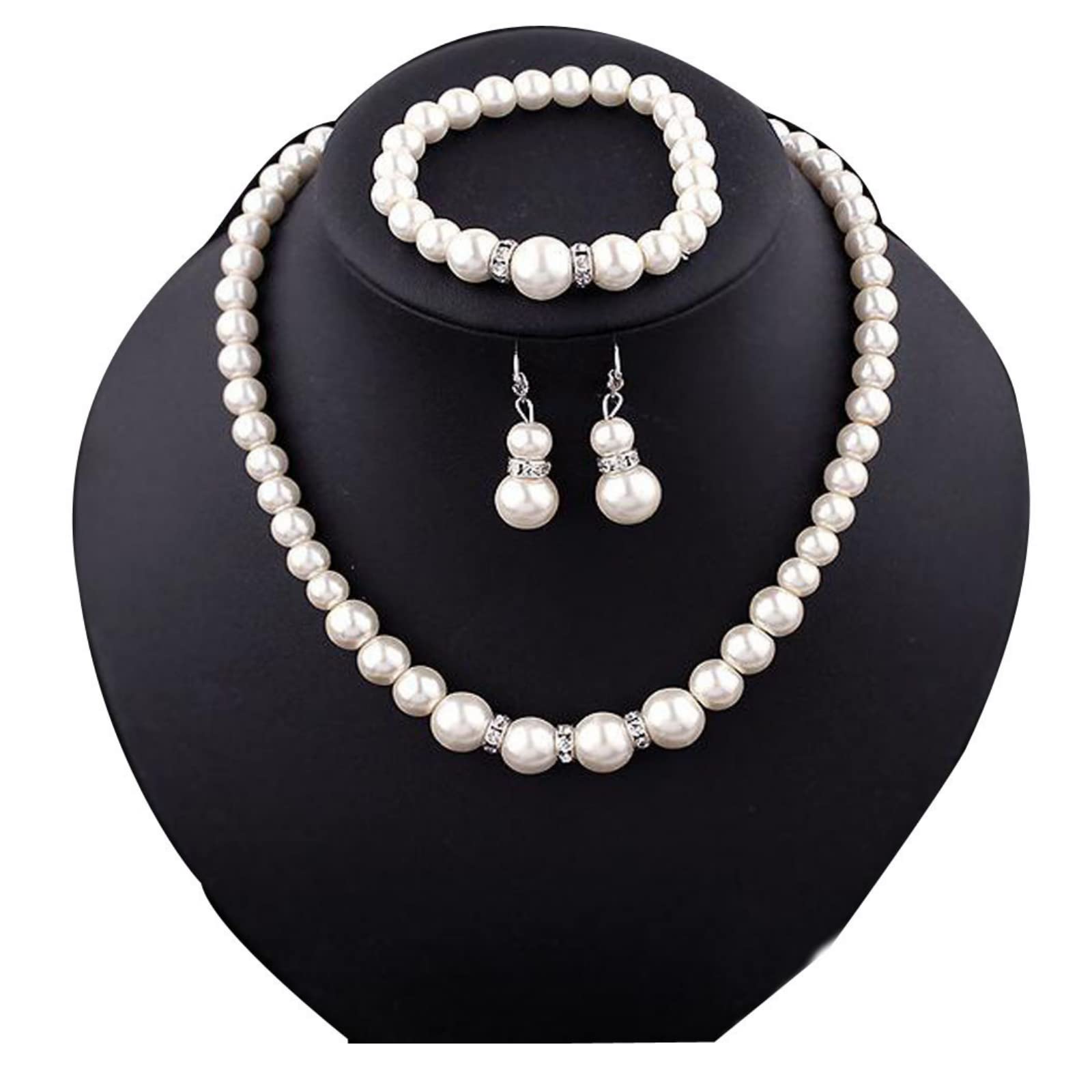 iLH Natural Pearl Chain Necklaces Sets Moms Birthday Gifts, Necklace+Earrings Jewelry Sets Wedding Bridal Crystal Jewelrys Gift