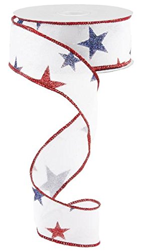 Dashed Glitter Stars Wired Edge Ribbon - 10 Yards (White, 1.5")