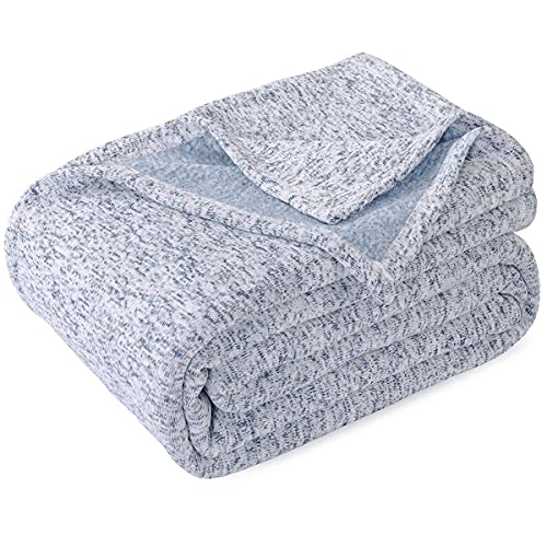 KAWAHOME Knit Blanket Lightweight Soft Breathable Cozy Fuzzy Heather Jersey Comfortable Thin Blanket 280GSM for Couch Sofa Bed, Queen Size 90"X90" (Blue and White)