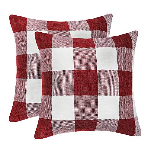Book Cover 4TH Emotion Set of 2 Farmhouse Buffalo Check Plaid Throw Pillow Covers Cushion Case Polyester Linen for Christmas Home Decor Red and White, 18 x 18 Inches