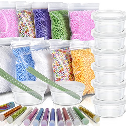 Book Cover 35 Pack Slime Making kit, Including 10 Pack Color Foam Balls, 8 Pcs 4.5 oz Slime Containers, 12 Bottles Glitter Powder, 5 Pcs Glue Mixing Spoons for Slime Making Craft