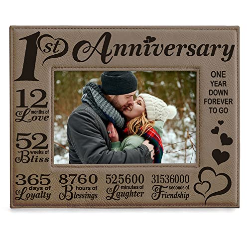 Our First (1st) Anniversary Engraved Leather Picture Frame - Gifts for Couple, Gifts for Him, Gift for Her, Paper Anniversary, Photo Frame, First Wedding Anniversary (4x6-Horizontal)