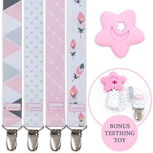 Book Cover Liname Pacifier Clip for Girls with Bonus Teething Toy - 4 Pack Gift Packaging - Premium Quality & Unique Design - Pacifier Clips Fit All Pacifiers & Soothers - Perfect Baby Gift