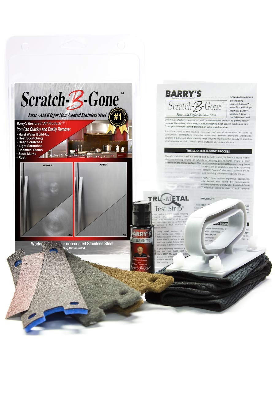 Book Cover Barry's Restore It All Products - Scratch-B-Gone Homeowner Kit | The #1 selling kit used to remove scratches, rust, discoloration and more from non-coated Stainless Steel! 8 Piece Set