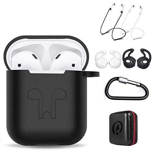 amasing AirPods Case 7 in 1 for Airpods 1&2 Accessories Kits Protective Silicone Cover for Airpod Gen1 2 (Front Led Visible) with 2 Ear Hook /2 Staps/1 Clips Tips Grips/1 Zipper Box Black