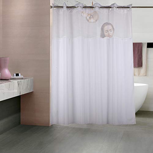 Book Cover YQN Hook Less Double-Deck Shower Curtain with Removed Fabric Inner Liner & Magnet 70.8 x 74 Inch Polyester Thickening Bath Curtain with Light-Filtering Mesh Screen ABS Flex-On Rings White
