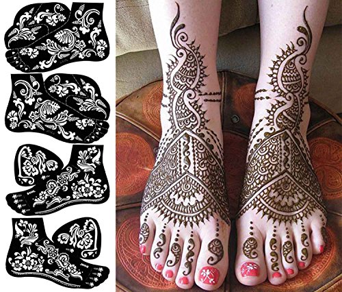 COKOHAPPY 4 Sheets Foot Indian Painting Tattoo Stencil Self-Adhesive Body Art Designs for Foots - Temporary Indian Arabian Tattoo Reusable Stickers
