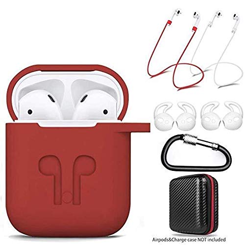 Book Cover amasing AirPods Case 7 in 1 for Airpods 1&2 Accessories Kits Protective Silicone Cover for Airpod Gen1 2 (Front Led Visible) with 2 Ear Hook /2 Staps/1 Clips Tips Grips/1 Zipper Box Red