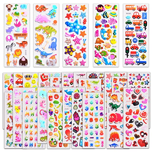 Book Cover Kids Stickers 1000+, 40 Different Sheets, 3D Puffy Stickers for Kids, Bulk Stickers for Birthday Gift, Scrapbooking, Teachers, Toddlers, Including Animals, Stars, Fishes, Hearts and More