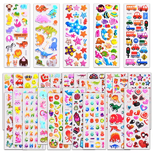 Kids Stickers 1000+, 40 Different Sheets, 3D Puffy Stickers for Kids, Bulk Stickers for Birthday Gift, Scrapbooking, Teachers, Toddlers, Including Animals, Stars, Fishes, Hearts and More