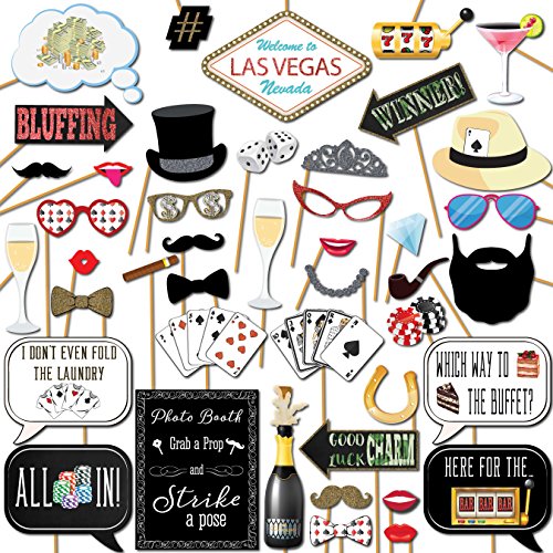 Casino Photo Booth Props - 41-pc Selfie Props with 8 x 10-Inch Sign, 60 Glue Dots, 45 Sticks - Las Vegas Party Decorations - Casino Theme Props - Game Night Photo Booth Props