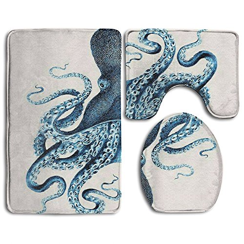 FPDragon Octopus Painting Bathroom 3-Piece Mat Sets Pedestal Mat+Lid Toilet Cover+Bath Mat Doormat Non-slip Rug
