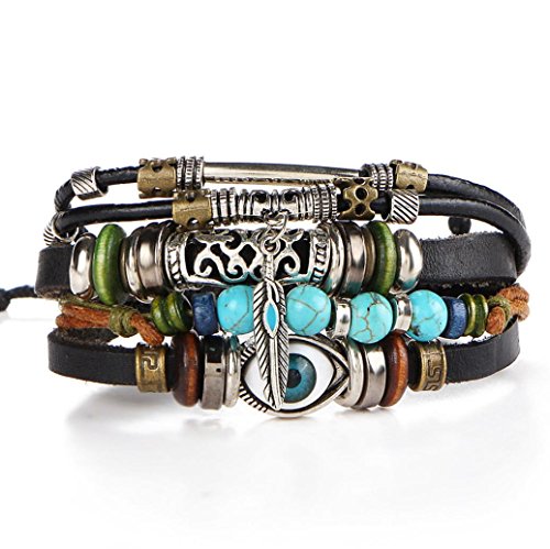 Multilayer Leather Bracelet , Handmade Beaded Bracelet ,Blue Eye Bracelet Vintage Hollow Carved Bracelet (Multicolor)