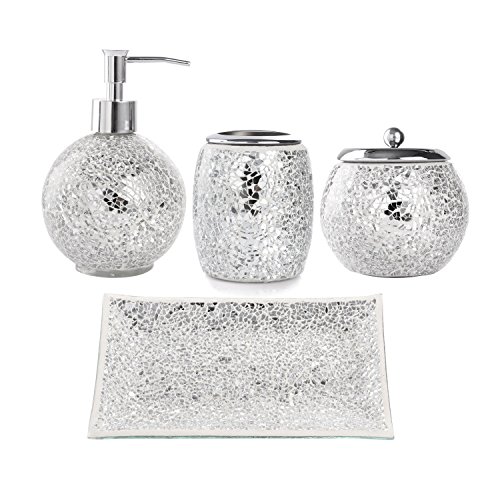Book Cover WH Housewares Bath Accessory Set, 4-PIECE Mosaic Glass Bathroom Accessories Completes with Lotion/Soap Pump, Cotton Jar, Tray, Toothbrush Holder - Finished in Shining Silver Modern Style