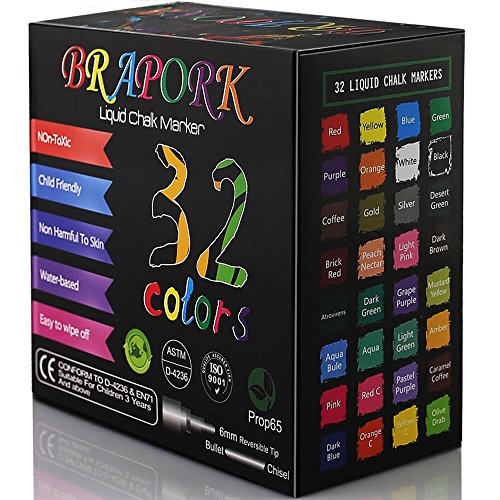 Brapork Liquid Chalk Markers [ Pack of 32 Color ] - for Chalkboard Signs, Blackboards, Glass, Windows, Car Doodle