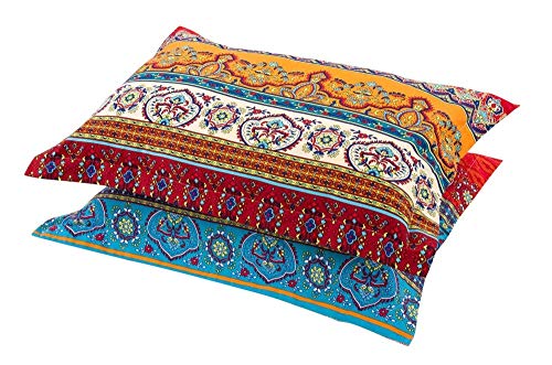 Book Cover HNNSI Exotic Striped Bohemia Pillow Shams Queen Size 2 Pieces,100% Brushed Cotton Thick Boho Pillow Cases Bohemian Pillow Covers,19