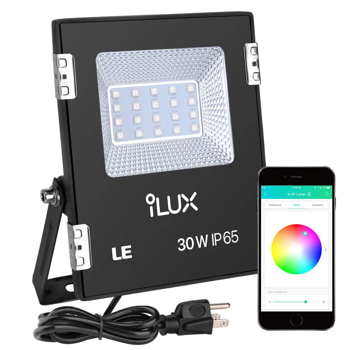 LE iLUX Smart LED Flood Light, Outdoor Plug in, 30W RGB, Dimmable, IP65 Waterproof, Bluetooth Remote Control for iOS and Android, Color Changing with Music, Floodlight for Home, Garden, Balcony, Tree