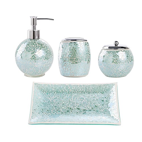 Book Cover Whole Housewares Bathroom Accessories Set, 4-Piece Glass Mosaic Bath Accessory Completes with Lotion Dispenser/Soap Pump, Cotton Jar, Vanity Tray, Toothbrush Holder (Turquoise)