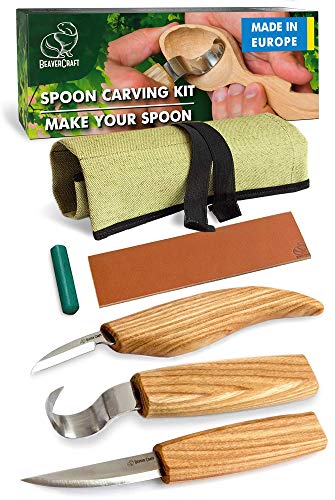 Book Cover BeaverCraft S13 Wood Carving Tools Set for Spoon Carving 3 Knives in Tools Roll Leather Strop and Polishing Compound Hook Sloyd Detail Knife Right-Handed Spoon Carving Knives