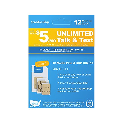Book Cover FreedomPop Less than $5/month, 12-Month Prepaid Plan - 3-in-1 LTE SIM Kit  - Unlimited Talk, Text, & 1GB Data