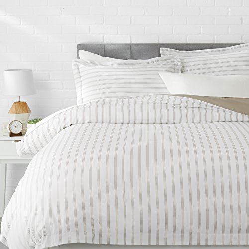 Book Cover AmazonBasics Light-Weight Microfiber Duvet Cover Set with Snap Buttons - King, Taupe Stripe