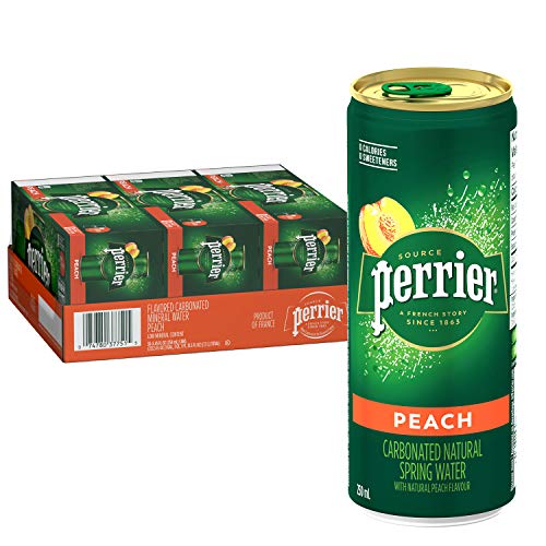 Book Cover Perrier Peach Flavored Carbonated Mineral Water, 8.45 Fl Oz (30 Pack) Slim Cans
