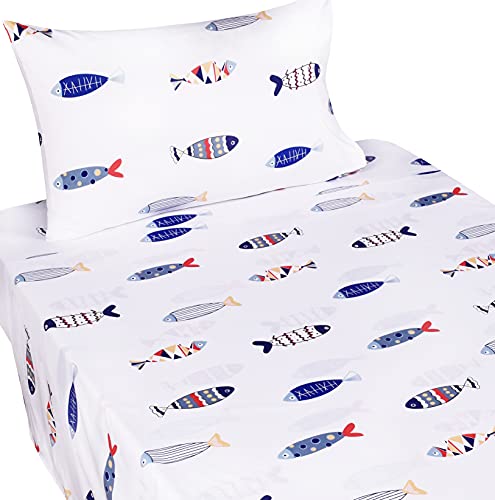 J-pinno Cute Fish Cozy Twin 100% Cotton 3 Pieces Sheet Set Bedroom Decoration Gift Flat Sheet + Fitted Sheet + Pillowcase Bedding Set for Unisex Boys Girls (Multicolor Fishes, Twin)