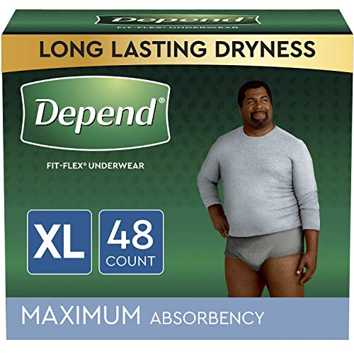 Depend FIT-FLEX Incontinence Underwear for Men, Maximum Absorbency, Disposable, Extra-Large, Grey, 48 Count (2 Packs of 24) (Packaging May Vary)