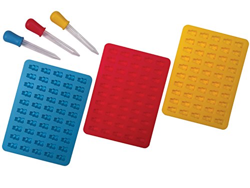 Better Kitchen Products 3 Piece 50 Cavity Silicone Gummy Bear Molds with 3 Matching Droppers, Aqua, Red and Yellow