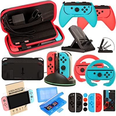 Book Cover EOVOLA Accessories Kit for Nintendo Switch / Switch OLED Model Games Bundle Wheel Grip Caps Carrying Case Screen Protector Controller