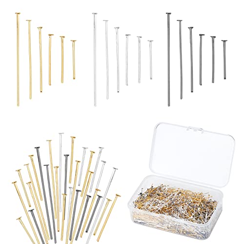 Book Cover PH PandaHall 1740pcs Flat Head Pins for Jewelry Making, 6 Size Iron Headpins 3 Color Metal End Headpins Straight Head Pins Needles Findings for Earring Jewelry Making DIY Craft 40/35/28/22/20/16mm
