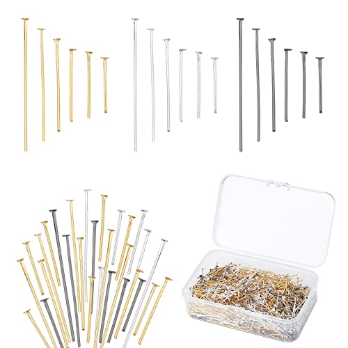 PH PandaHall 1740pcs Flat Head Pins for Jewelry Making, 6 Size Iron Headpins 3 Color Metal End Headpins Straight Head Pins Needles Findings for Earring Jewelry Making DIY Craft 40/35/28/22/20/16mm