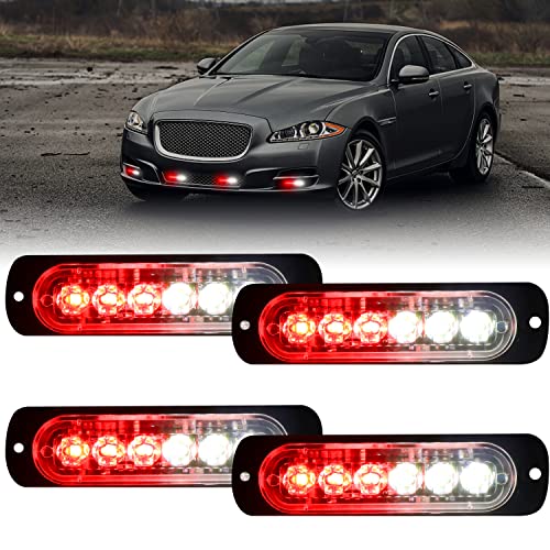 XT AUTO 4pcs Universal 12V-24V Super Bright Red/White 18W 6-LED Warning Emergency Construction Surface Mount Beacon Flash Caution Strobe Light Bar