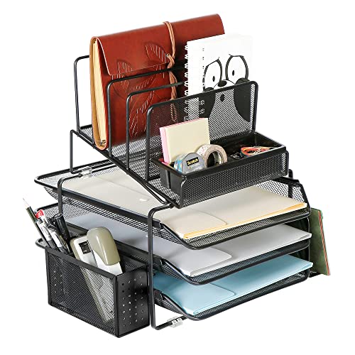 Book Cover DESIGNA Stackable Mesh Desk Organizer with 3 Sliding Letter Tray Drawers, 4 File Holders Sorter Section, 2 Side Compartments, Pencil Holder Non-slip All In One Desktop Organizers Office Storage, Black