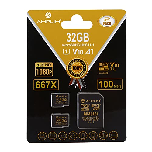 Amplim 32GB Micro SD Card, 2 Pack MicroSD Memory Plus Adapter, MicroSDHC Class 10 UHS-I U1 V10 TF Extreme High Speed Nintendo-Switch, GoPro Hero, Raspberry Pi, Phone Galaxy, Camera Cam, Tablet, PC